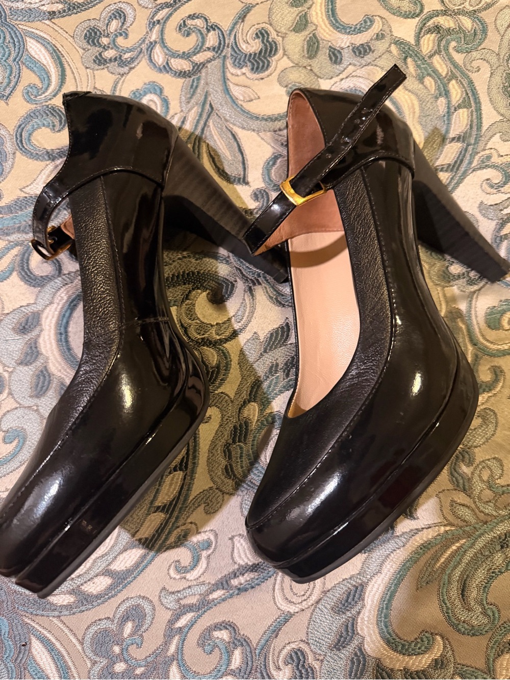 Women's Black Mary Jane Faux Leather Flats with Ankle Strap